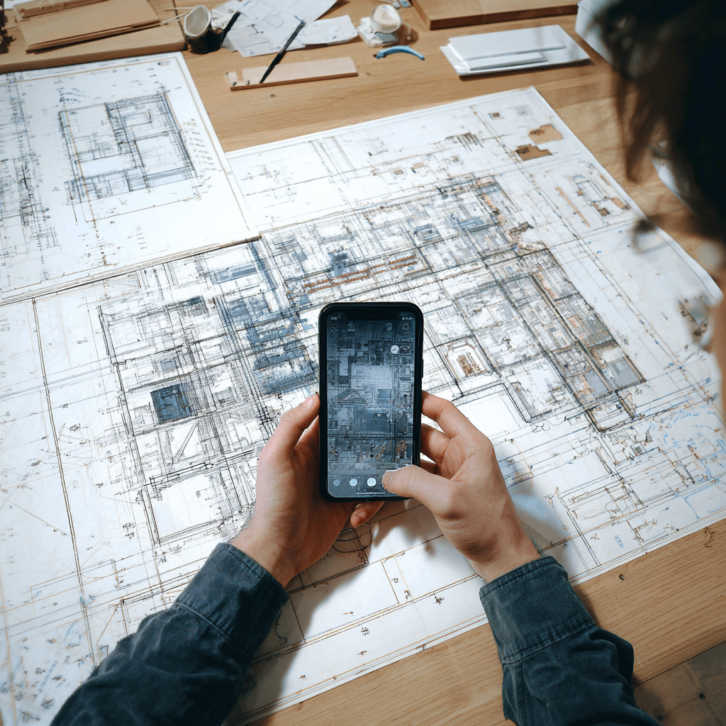 Architekt fotografiert Baupläne mit der BUDA Plan App auf dem Smartphone