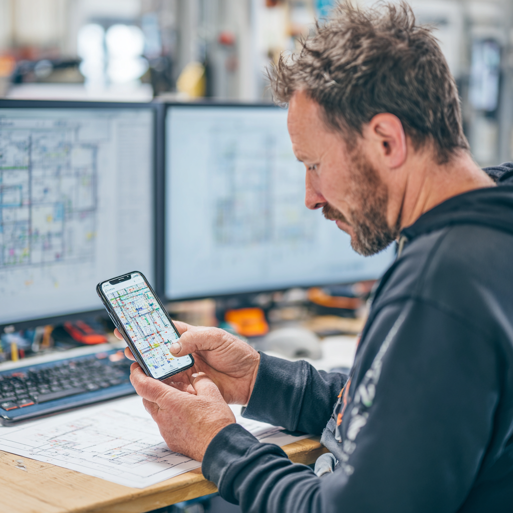 Handwerker nutzt BUDA Plan App am Smartphone neben zwei Monitoren mit Bauplänen