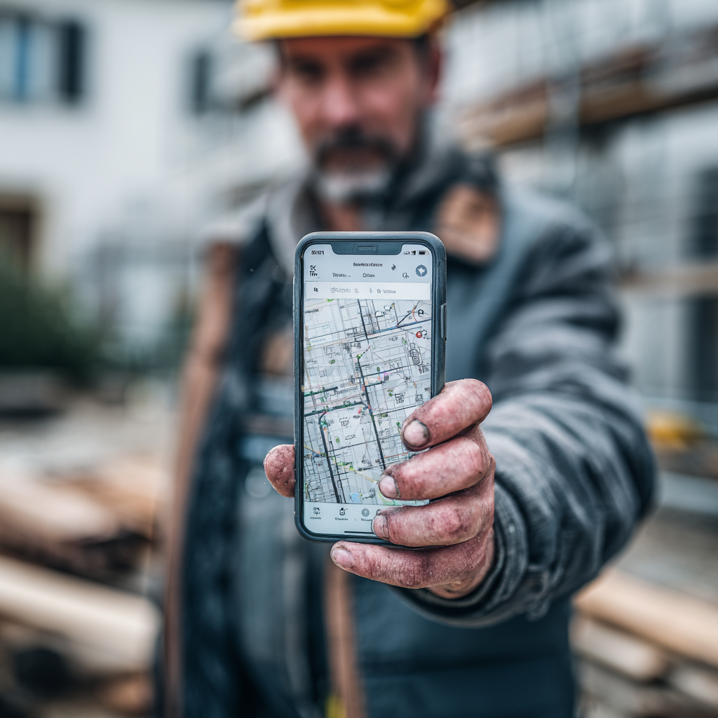 Handwerker zeigt die BUDA Plan App auf dem Smartphone auf der Baustelle