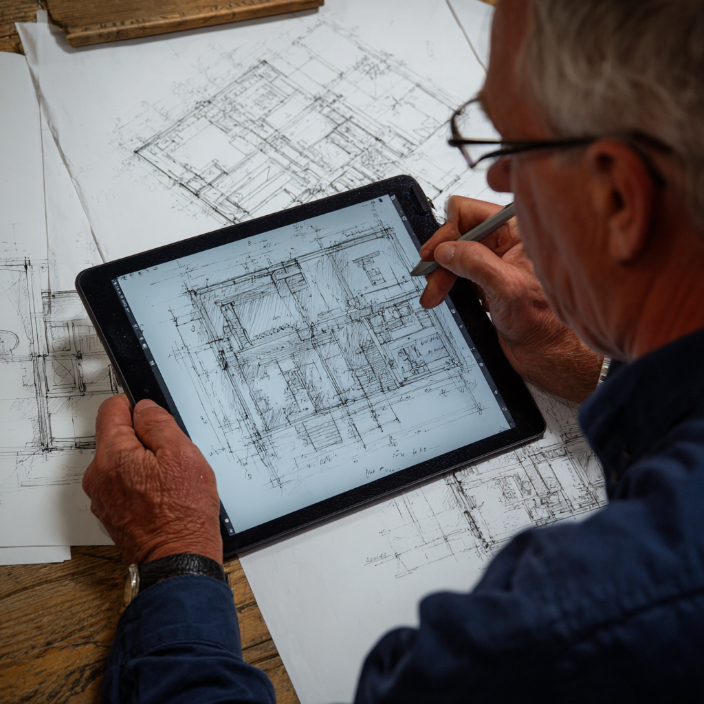 Planer arbeitet mit BUDA Plan App am Tablet mit Bauplänen