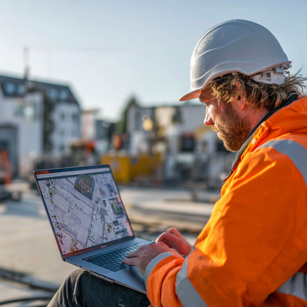 Bauarbeiter nutzt Laptop mit Planungssoftware auf der Baustelle