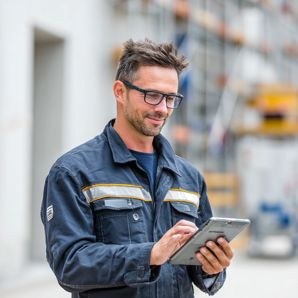 Handwerker nutzt Tablet zur Bauplanung vor Ort