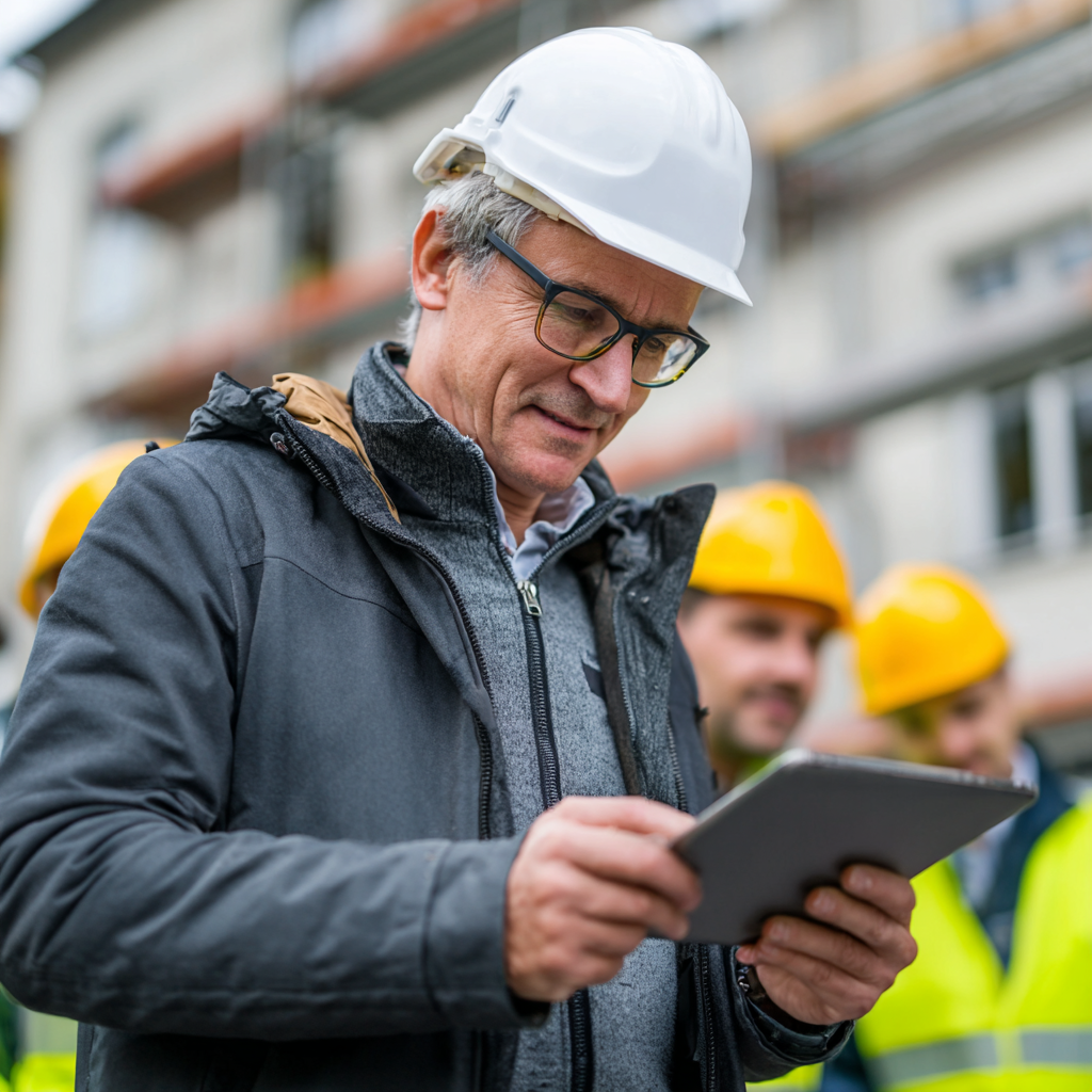 Bauleiter nutzt BUDA Plan App auf dem Tablet auf der Baustelle