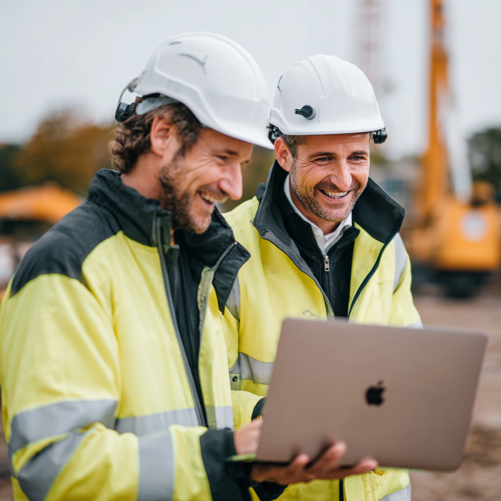 Zwei Bauleiter arbeiten gemeinsam mit dem Laptop auf der Baustelle
