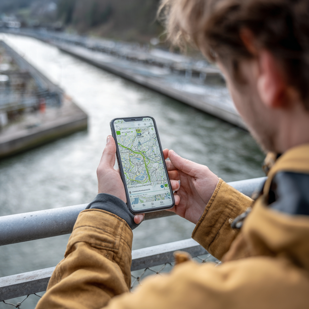 Mitarbeiter nutzt BUDA Plan App auf dem Smartphone unterwegs