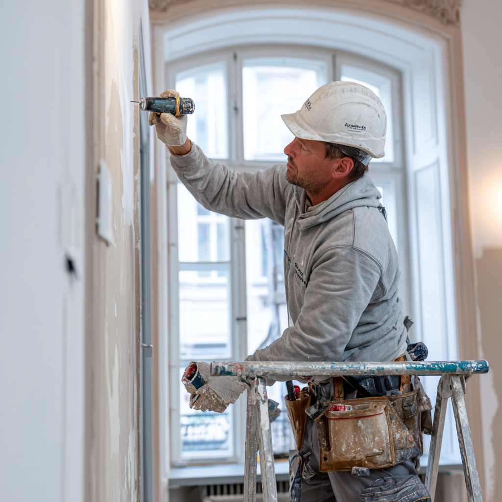 Handwerker bei professioneller Gebäudesanierung
